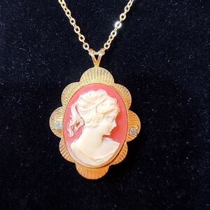 Vintage Carved (?) Shell Cameo Necklace In  Gold Tone Case